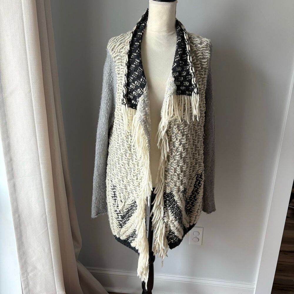 Anthropologie MOTH Amba Fringe Waterfall Wool Blend Open Cardigan Knit Boho